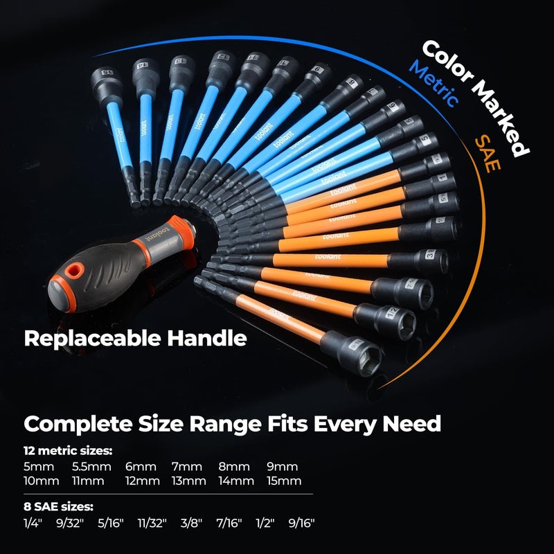 toolant 21pcs Extra Long Nut Driver Bit Set, SAE/Metric Magnetic Nut Driver Set with Replacement Handle - Image 3